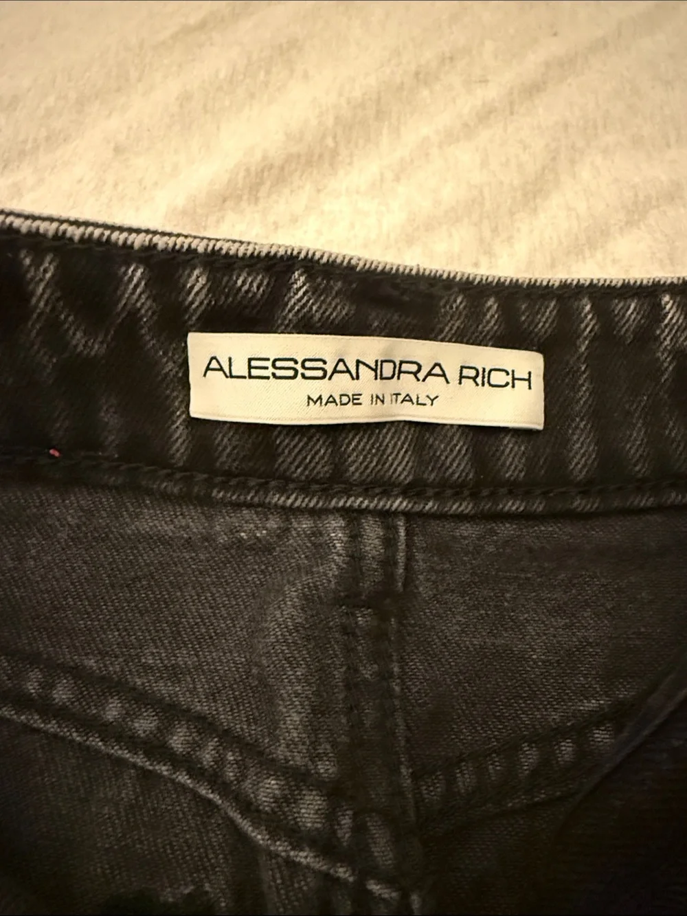 Alessandra Rich Black Denim Mini Skirt with Pearl Pocket Trim - Picture 2 of 4